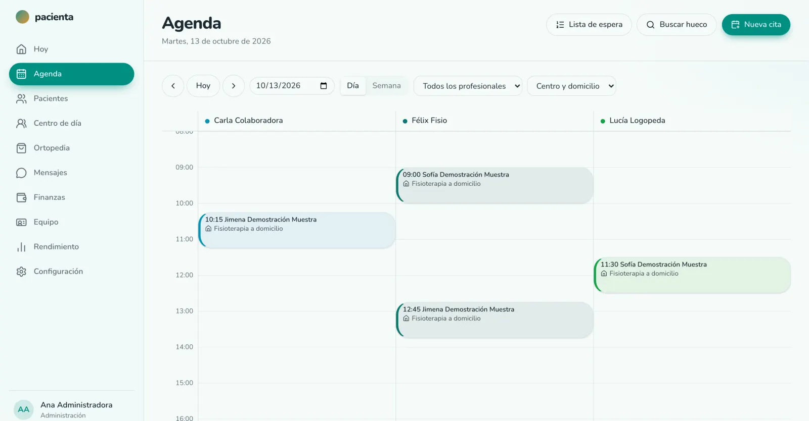 Agenda del día por profesional en pacienta, con las citas de consulta y las visitas a domicilio