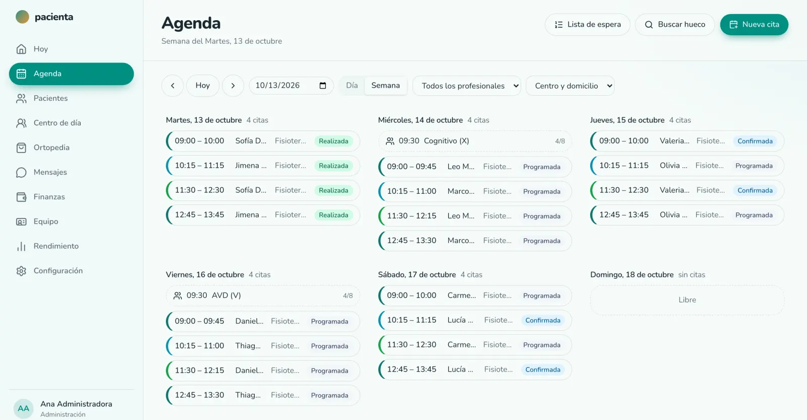 Vista semanal de la agenda de pacienta, con el filtro de centro y domicilio