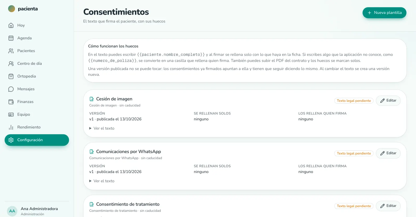 Plantillas de consentimiento en pacienta, con sus versiones y su estado