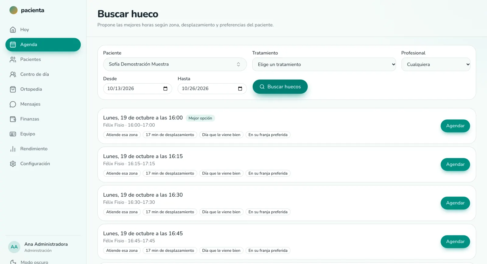 Buscar hueco en pacienta: propone horas marcando que el profesional atiende esa zona, los minutos de desplazamiento y la franja preferida del paciente