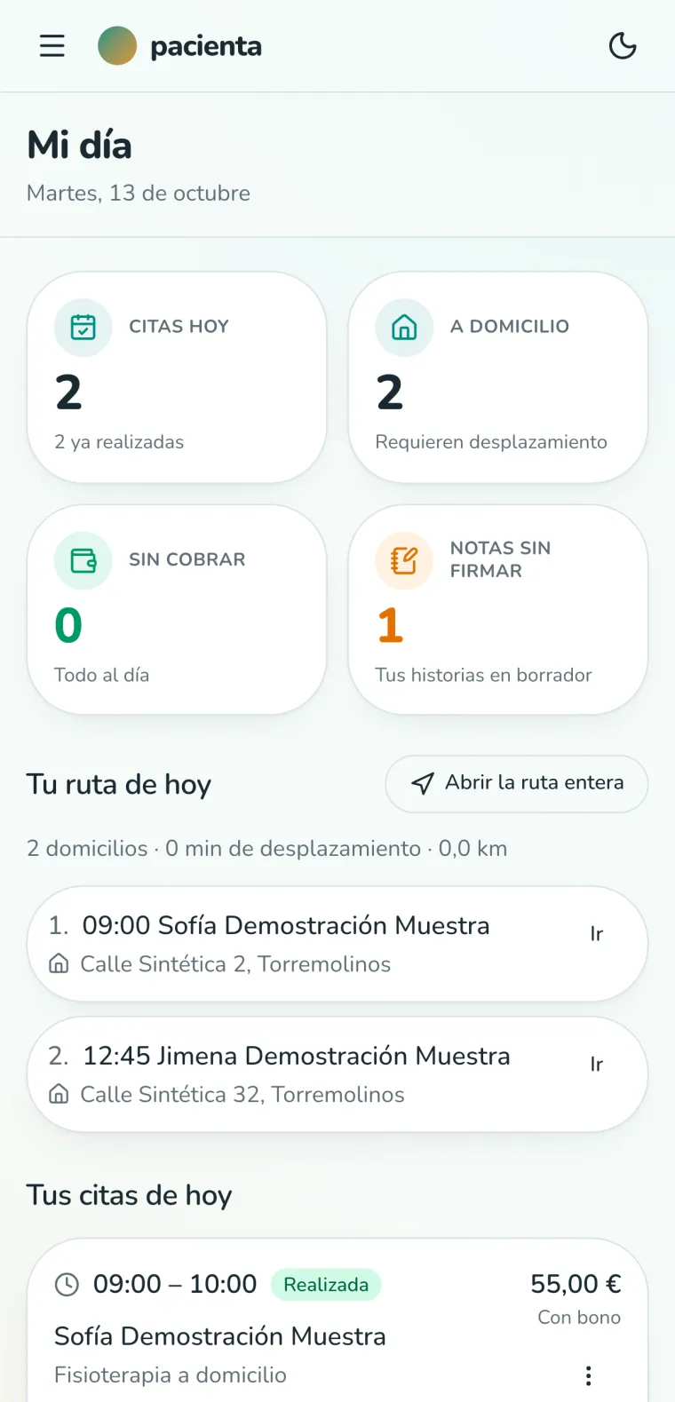 Pantalla «Mi día» en el móvil del profesional, con la ruta del día